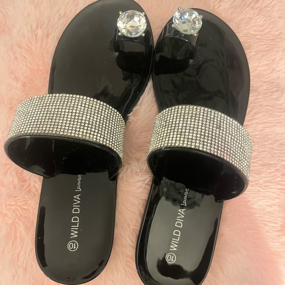 Wild Diva Black Sandals with Rhinestone Accents